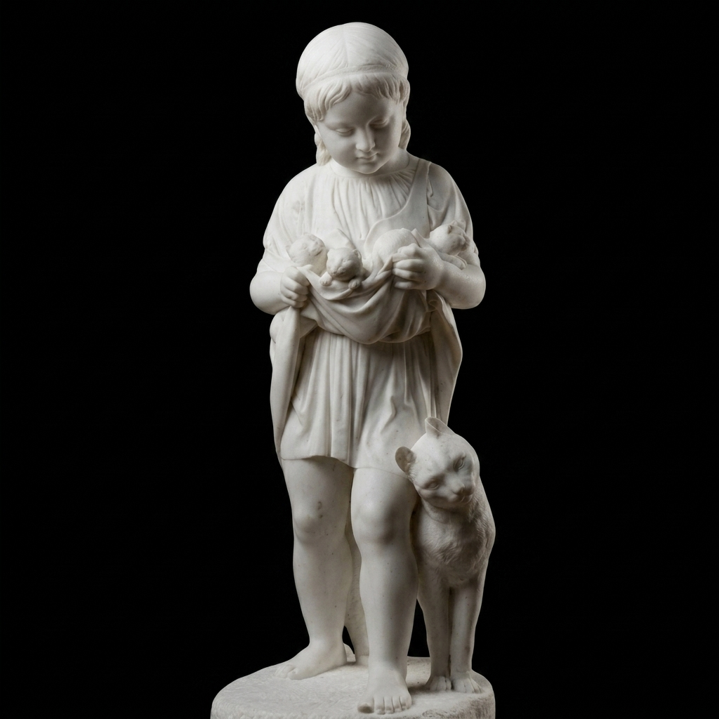 A Little Girl With Kittens Jens Adolf Jerichau Natural Marble Statue