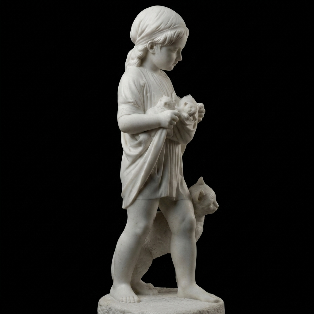 A Little Girl With Kittens Jens Adolf Jerichau Natural Marble Statue