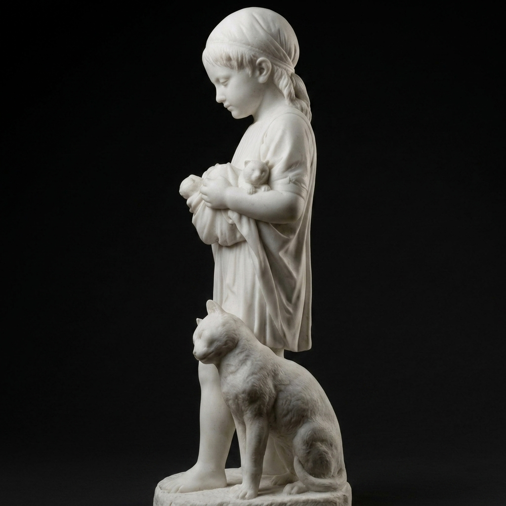 A Little Girl With Kittens Jens Adolf Jerichau Natural Marble Statue